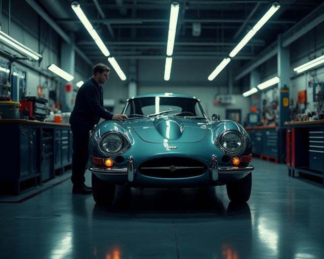 A clean workshop with a classic car being carefully worked on. Cadenza Cars workshop environment