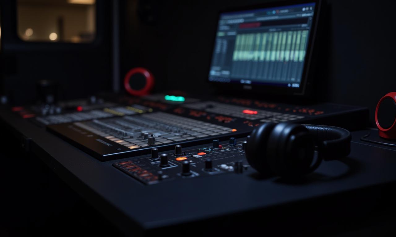 A close-up of the custom-built workstation with audio mixer and monitor.
