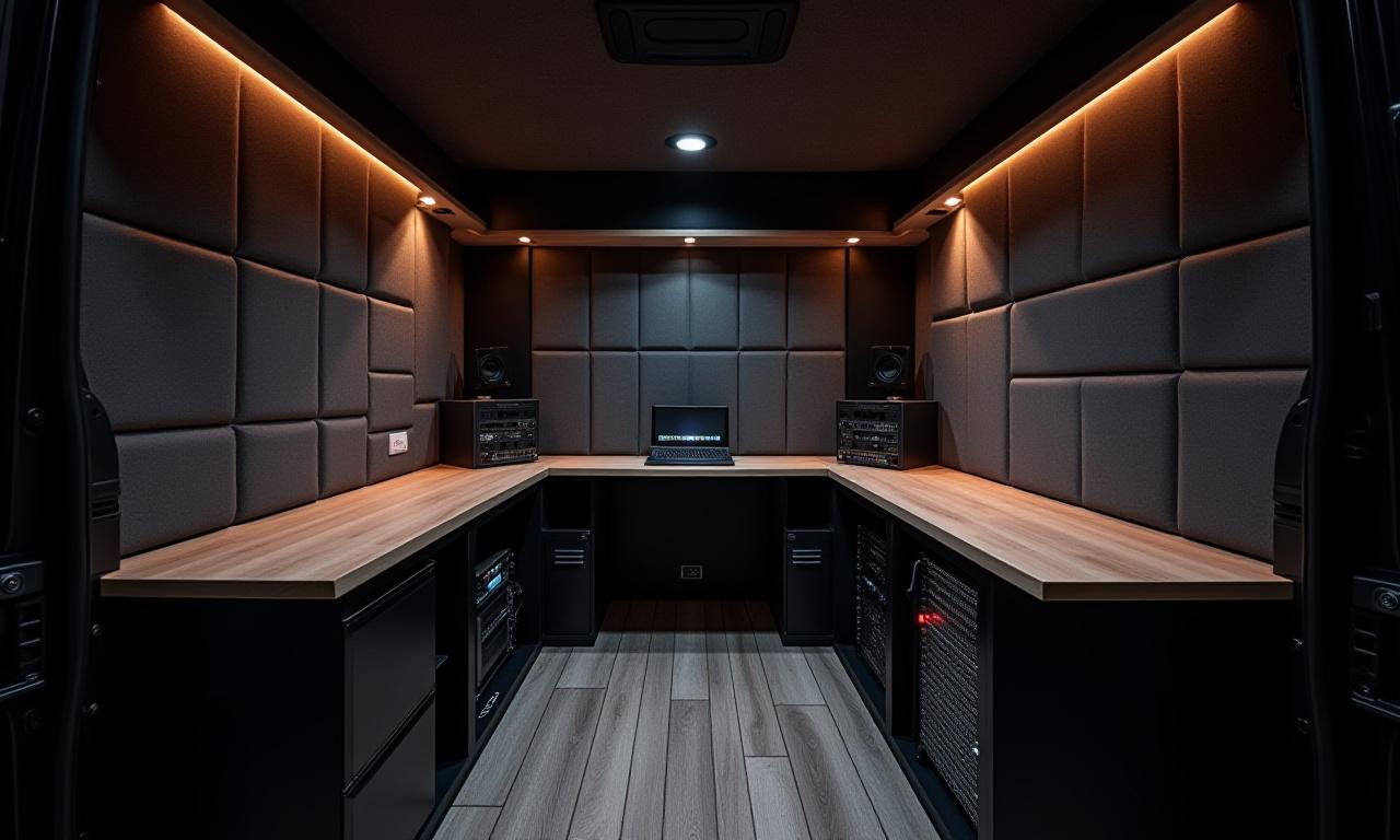 Interior of the Sprinter van showing studio foam, equipment racks, and ambient lighting.