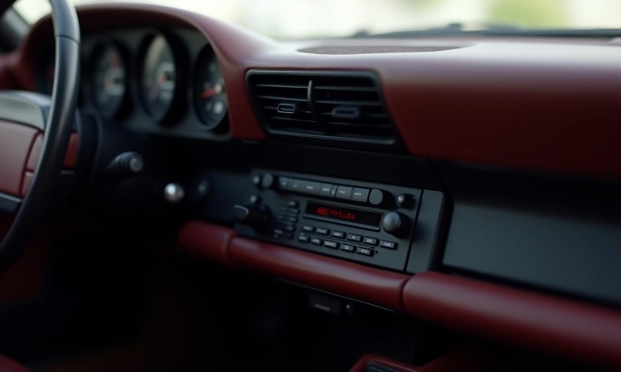A sleek, minimalist digital media receiver in the restored Porsche 911 dashboard.