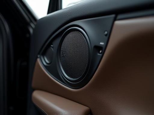 Close-up of a custom speaker installed in a car door.