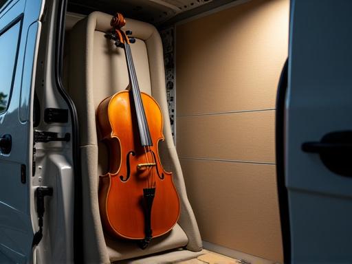 The interior of a van with a custom-built, secure cello rack.