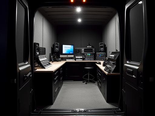 The back of a converted van with sound mixing equipment and acoustic panels.