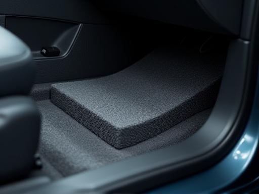 Layers of acoustic dampening material applied to a car's interior floor.